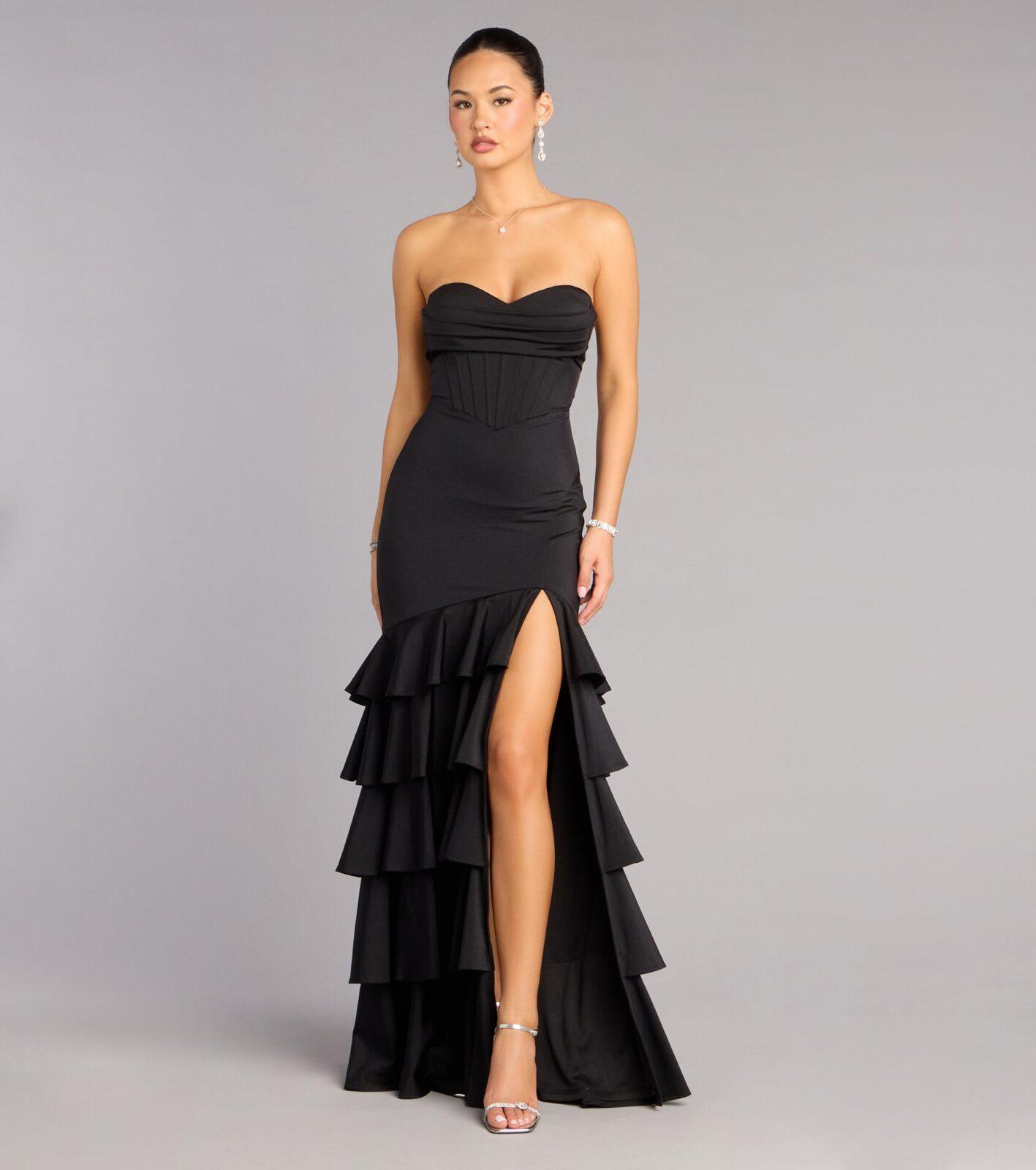 05002-001334_1_BLACK_VKDSHAKIRASWEETHEARTSTRAPLESSBONINGPLEATEDRUFFLEFRONTSLITMERMAID05002001334001