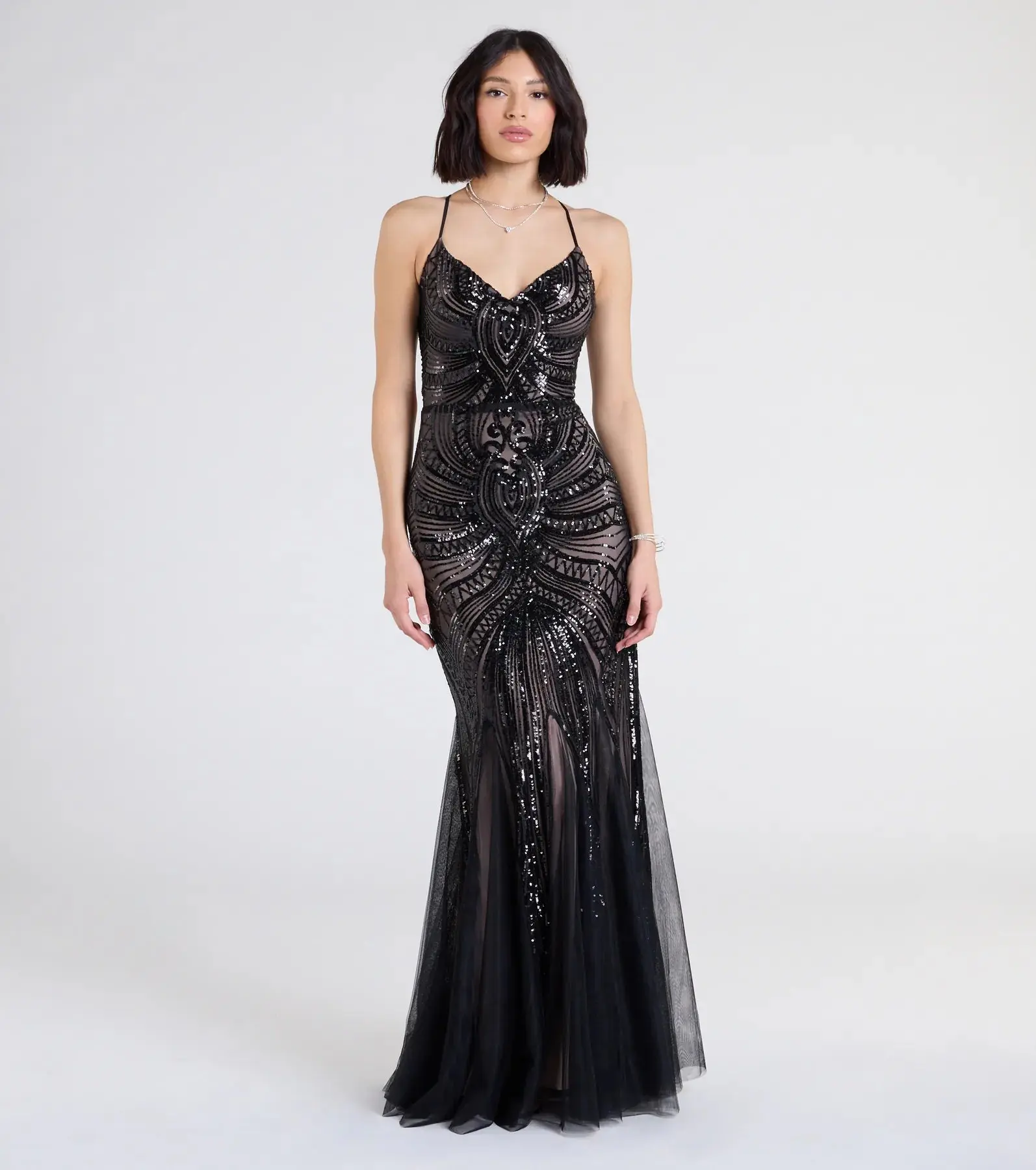05002-9084_1_BLACK_BrookeLaceUpMermaidSequinMeshFormalDress